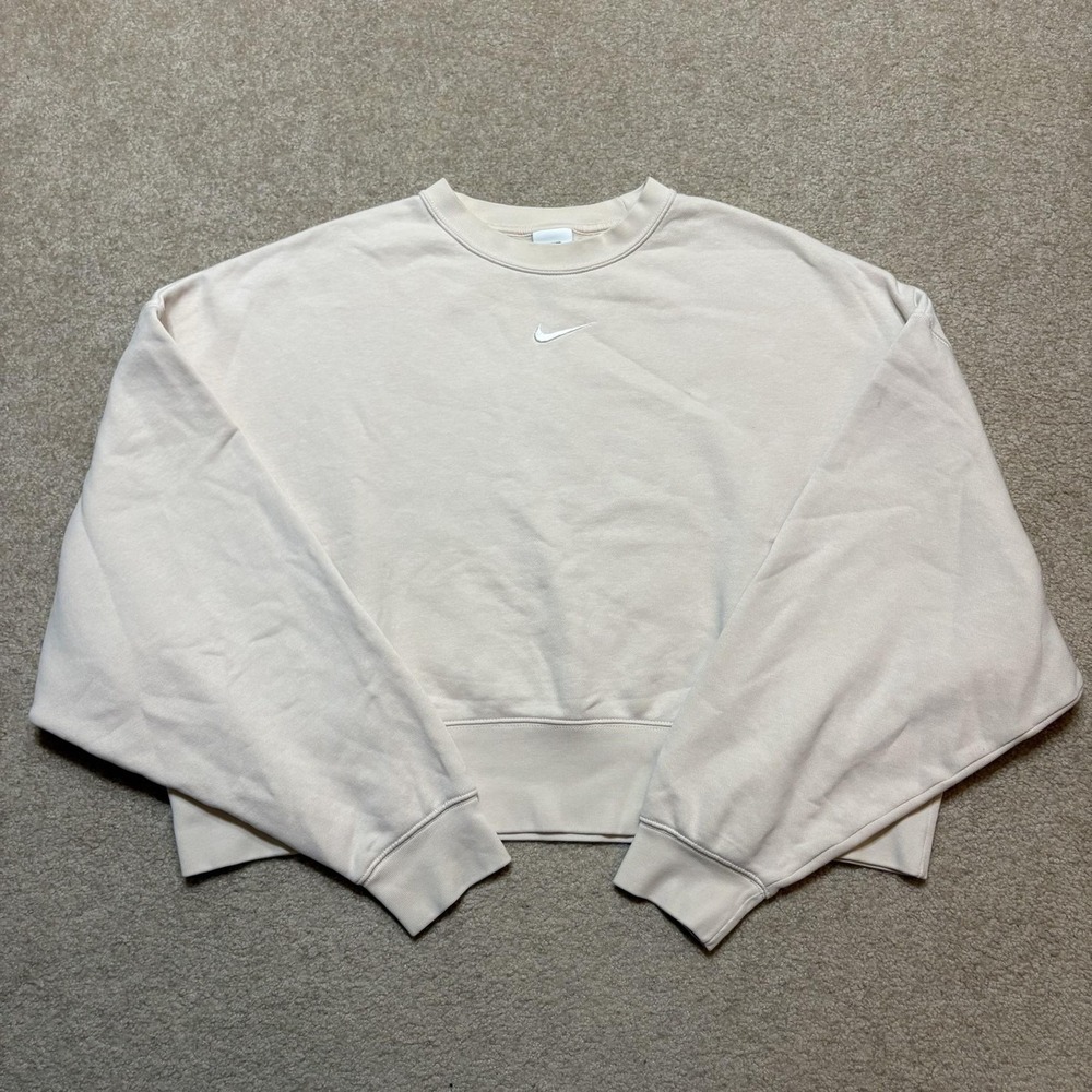 Nike Center Swoosh Sweatshirt Womens Small Cream Beige Fleece Oversized Crewneck